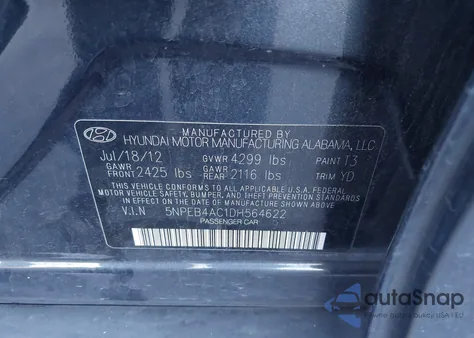 2013 Hyundai Sonata Gls from USA, damaged, VIN 5NPEB4AC1DH564622